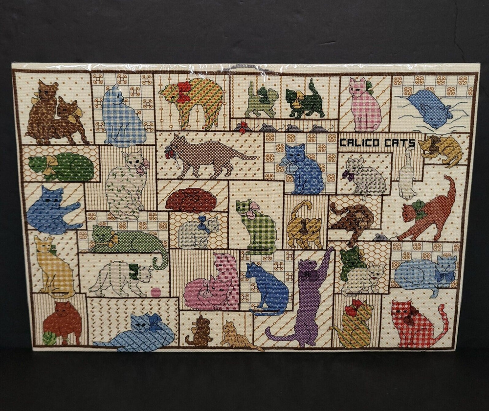 Handmade Cross Stitch Calico Cats Quilt Sampler Folk Art Cat Lover Needlework